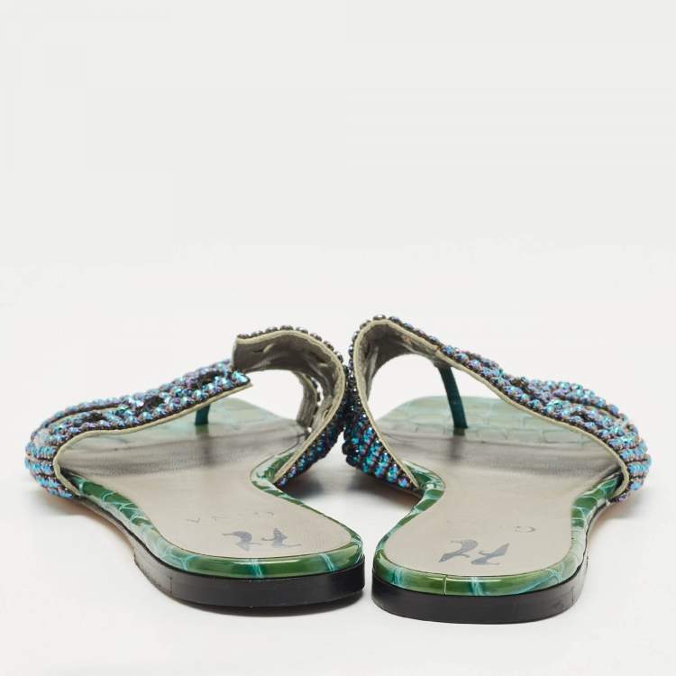 Pre Owned Gina Green Croc Embossed Patent Leather Crystal Embellished Loren Flat Slide Sandals Size 39