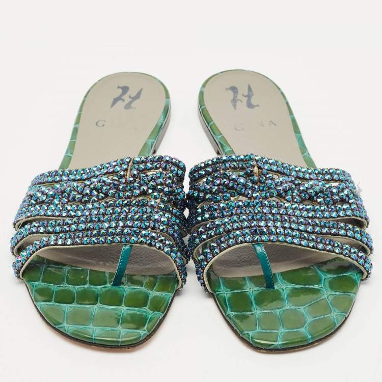 Pre Owned Gina Green Croc Embossed Patent Leather Crystal Embellished Loren Flat Slide Sandals Size 39