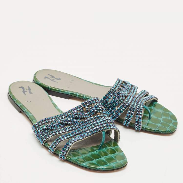Pre Owned Gina Green Croc Embossed Patent Leather Crystal Embellished Loren Flat Slide Sandals Size 39