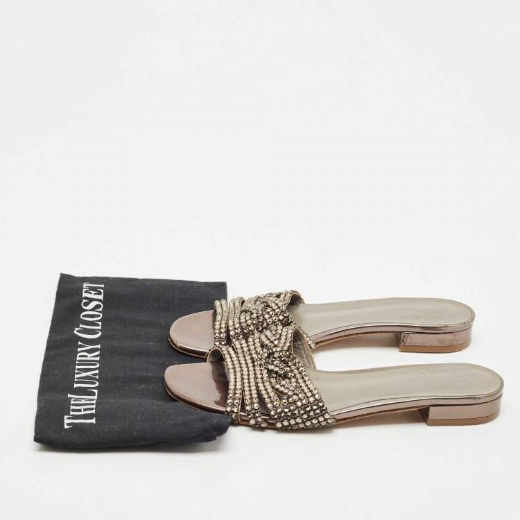 Pre Owned Gina Metallic Leather Crystal Embellished Loren Flat Slide Size 39.5