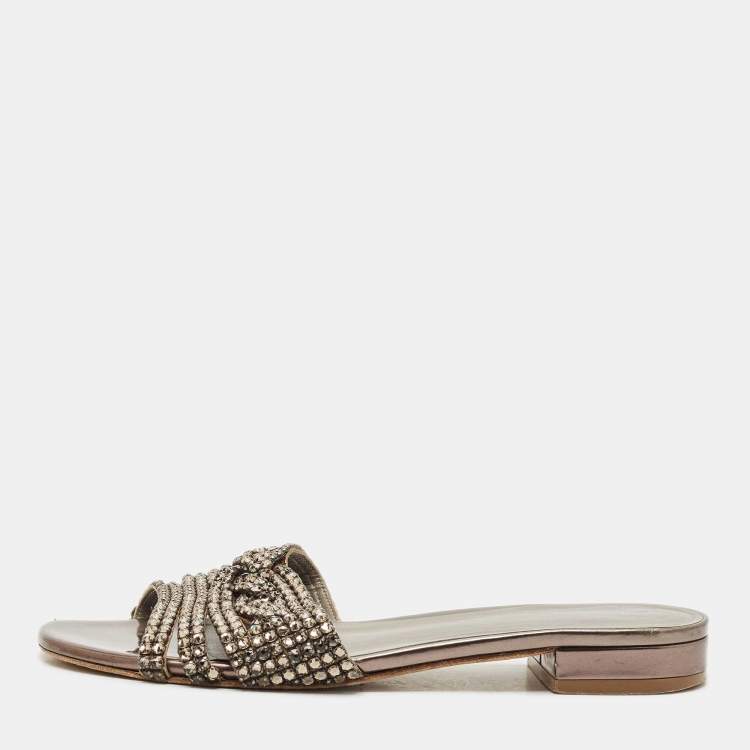 Pre Owned Gina Metallic Leather Crystal Embellished Loren Flat Slide Size 39.5
