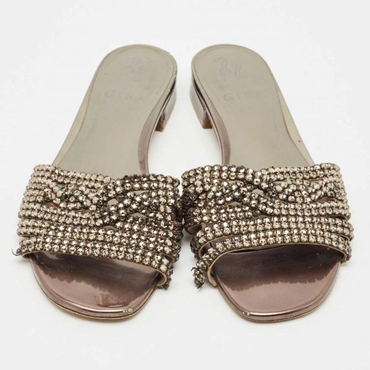 Pre Owned Gina Metallic Leather Crystal Embellished Loren Flat Slide Size 39.5