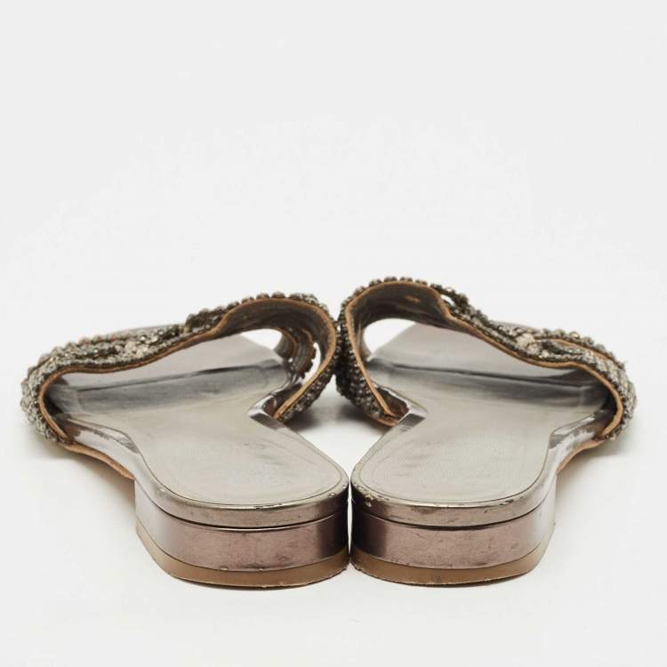 Pre Owned Gina Metallic Leather Crystal Embellished Loren Flat Slide Size 39.5