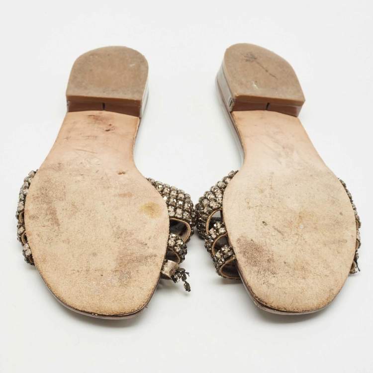 Pre Owned Gina Metallic Leather Crystal Embellished Loren Flat Slide Size 39.5