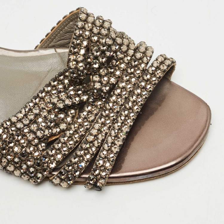 Pre Owned Gina Metallic Leather Crystal Embellished Loren Flat Slide Size 39.5