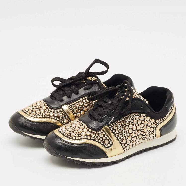 Pre Owned Gina Black Leather/Satin Luminosa Swarovski Sneakers Size 38