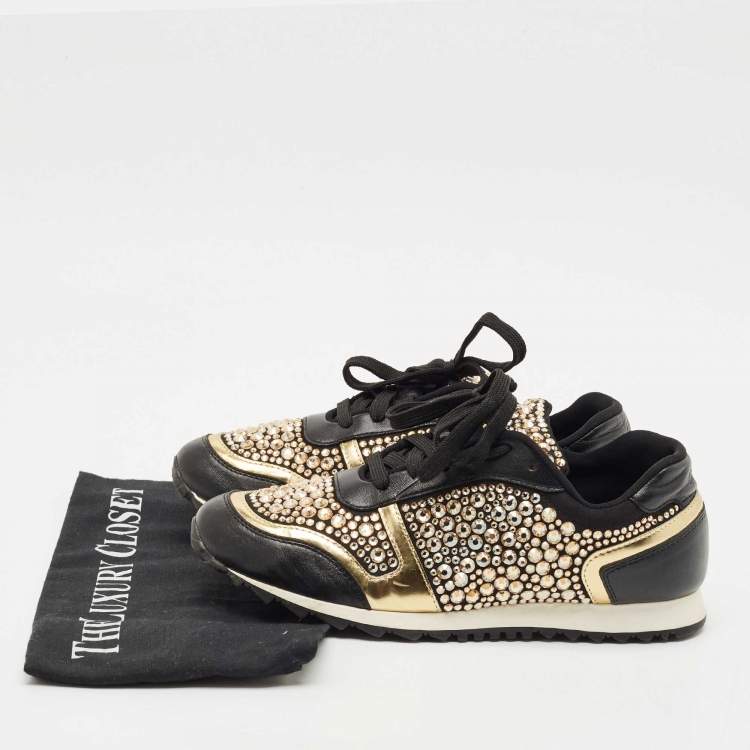 Pre Owned Gina Black Leather/Satin Luminosa Swarovski Sneakers Size 38