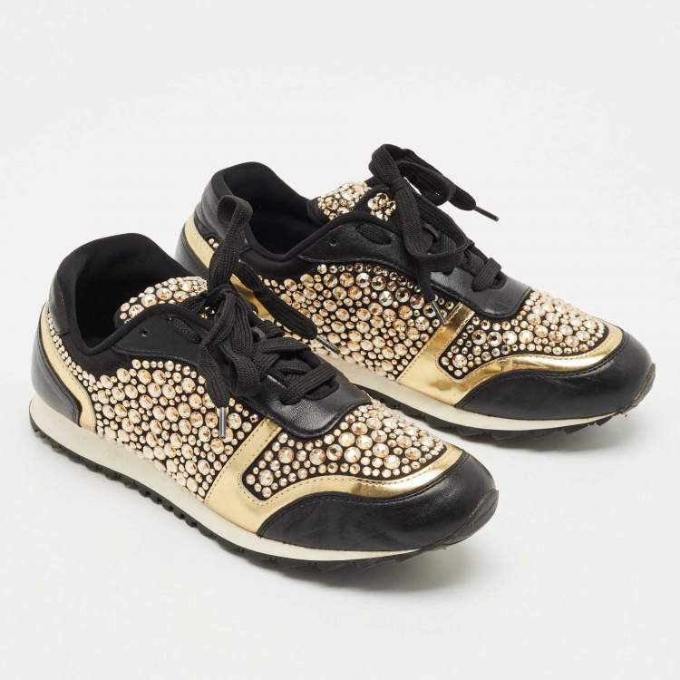 Pre Owned Gina Black Leather/Satin Luminosa Swarovski Sneakers Size 38