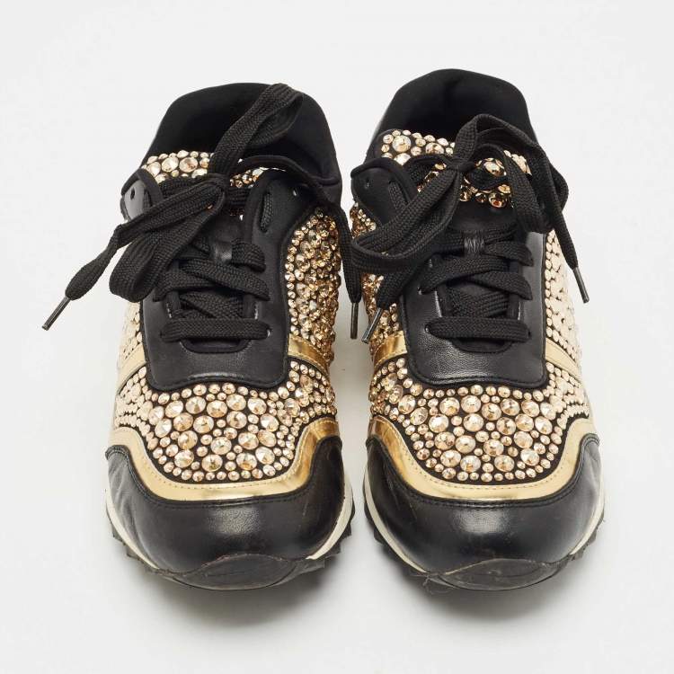 Pre Owned Gina Black Leather/Satin Luminosa Swarovski Sneakers Size 38