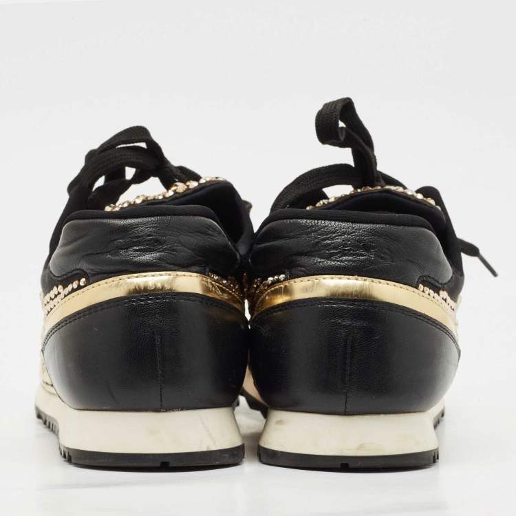 Pre Owned Gina Black Leather/Satin Luminosa Swarovski Sneakers Size 38