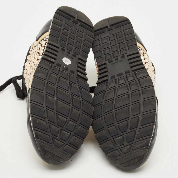 Pre Owned Gina Black Leather/Satin Luminosa Swarovski Sneakers Size 38