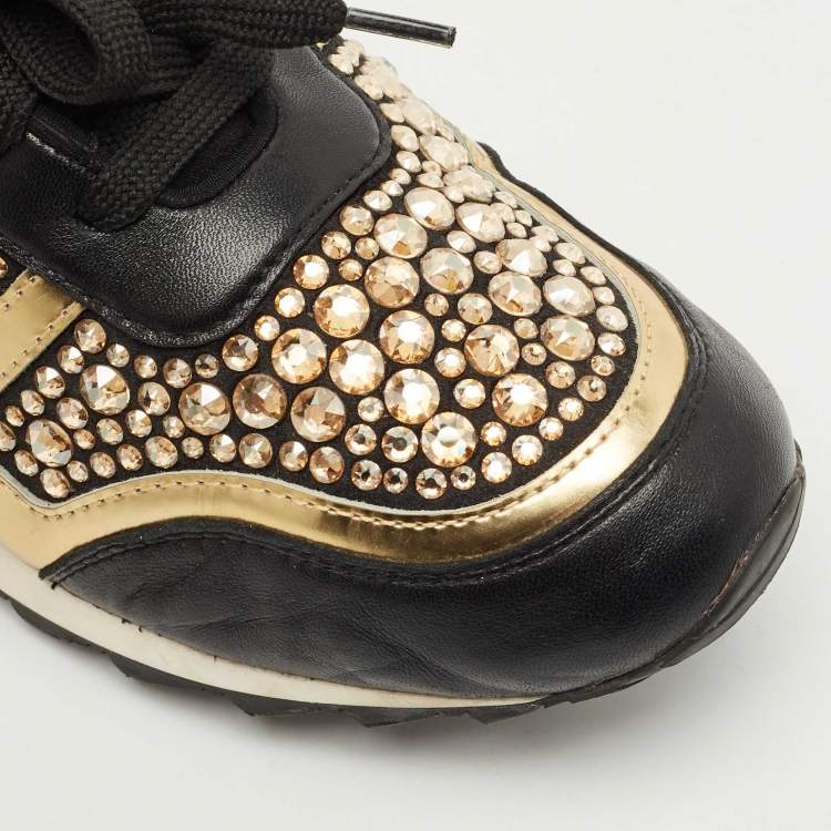 Pre Owned Gina Black Leather/Satin Luminosa Swarovski Sneakers Size 38