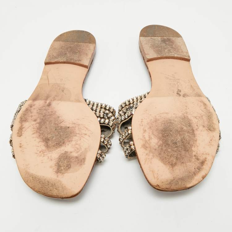 Pre Owned Gina Brown Croc Embossed Leather Crystal Embellished Loren Flat Sandals Size 39