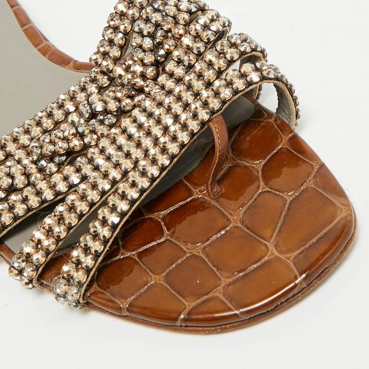Pre Owned Gina Brown Croc Embossed Leather Crystal Embellished Loren Flat Sandals Size 39