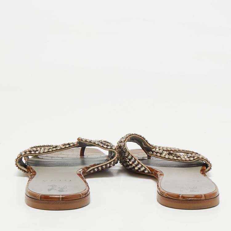Pre Owned Gina Brown Croc Embossed Leather Crystal Embellished Loren Flat Sandals Size 39
