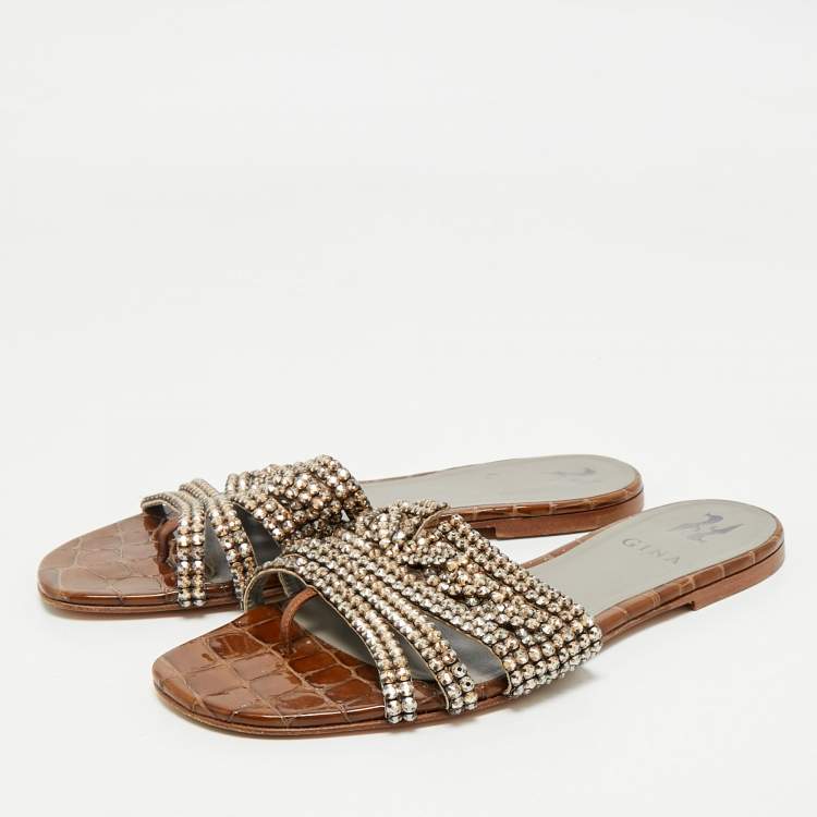 Pre Owned Gina Brown Croc Embossed Leather Crystal Embellished Loren Flat Sandals Size 39