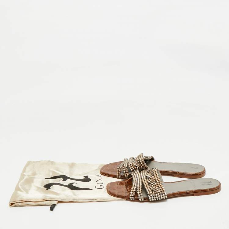 Pre Owned Gina Brown Croc Embossed Leather Crystal Embellished Loren Flat Sandals Size 39