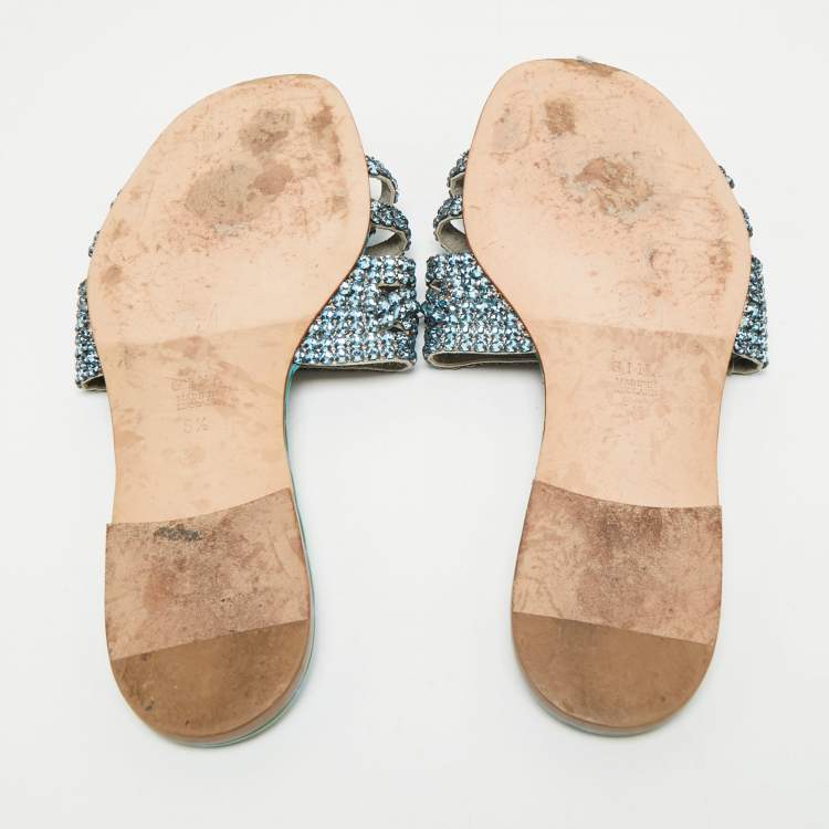 Pre Owned Gina Green Croc Embossed Patent Leather Crystal Embellished Loren Flat Slide Size 38.5