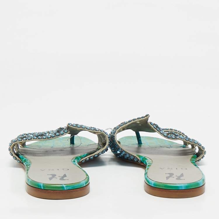 Pre Owned Gina Green Croc Embossed Patent Leather Crystal Embellished Loren Flat Slide Size 38.5