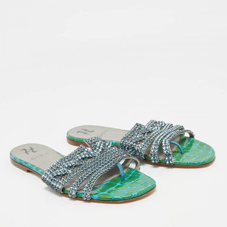 Pre Owned Gina Green Croc Embossed Patent Leather Crystal Embellished Loren Flat Slide Size 38.5