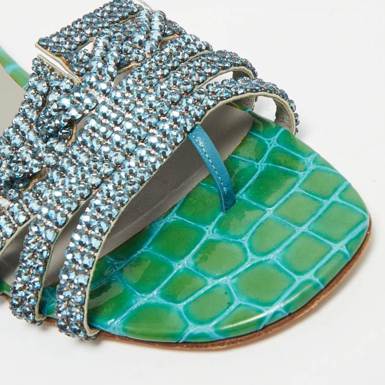 Pre Owned Gina Green Croc Embossed Patent Leather Crystal Embellished Loren Flat Slide Size 38.5