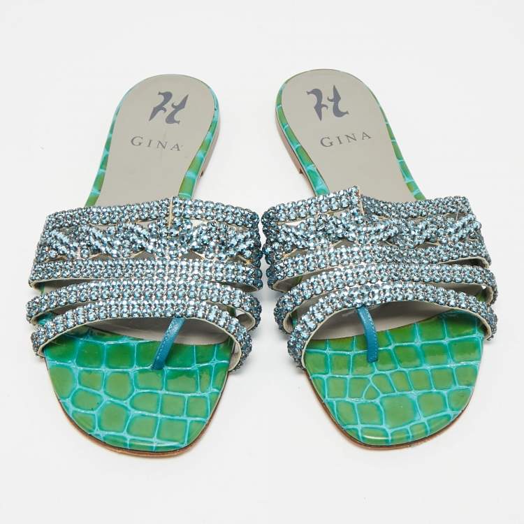 Pre Owned Gina Green Croc Embossed Patent Leather Crystal Embellished Loren Flat Slide Size 38.5