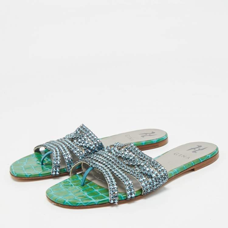 Pre Owned Gina Green Croc Embossed Patent Leather Crystal Embellished Loren Flat Slide Size 38.5