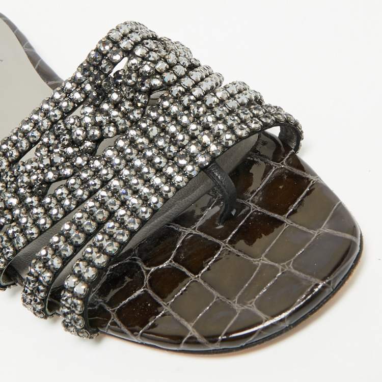 Pre Owned Gina Dark Green Croc Embossed Crystal Embellished Loren Flat Slide Size 39