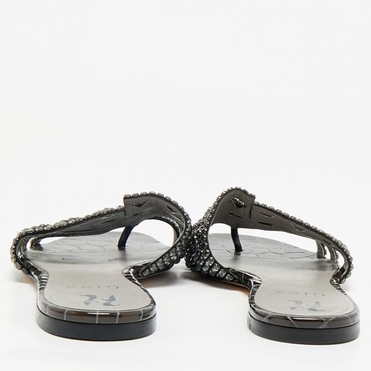 Pre Owned Gina Dark Green Croc Embossed Crystal Embellished Loren Flat Slide Size 39