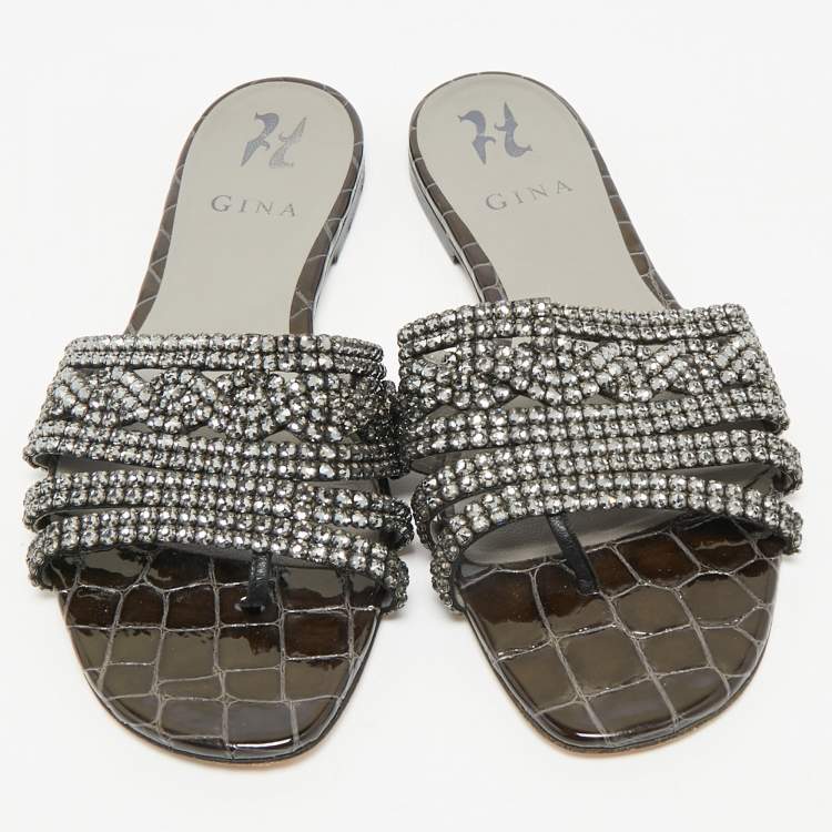 Pre Owned Gina Dark Green Croc Embossed Crystal Embellished Loren Flat Slide Size 39