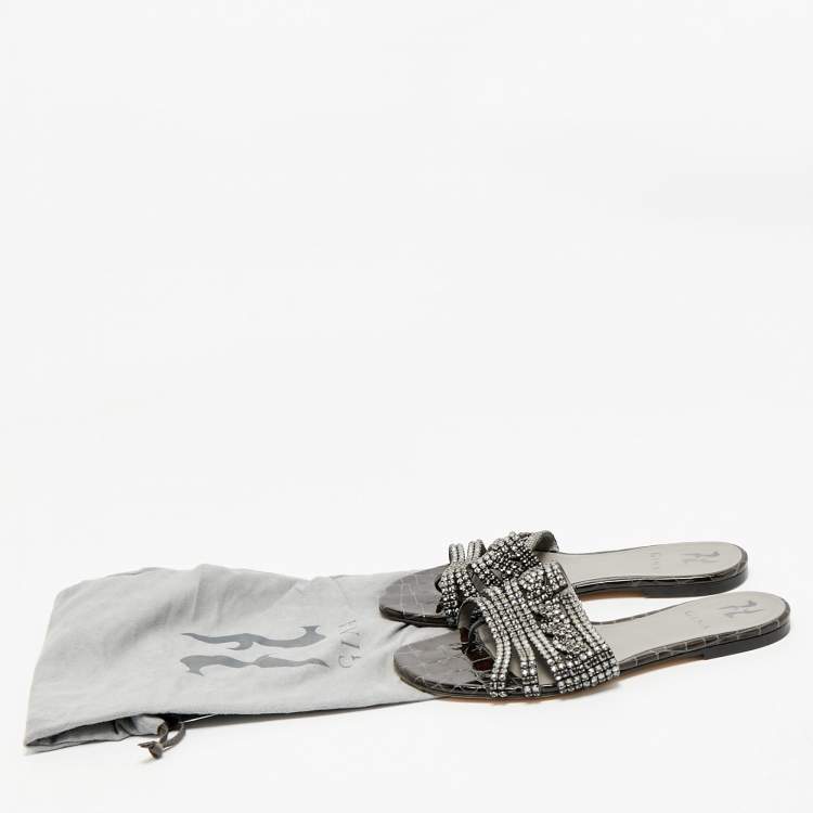 Pre Owned Gina Dark Green Croc Embossed Crystal Embellished Loren Flat Slide Size 39