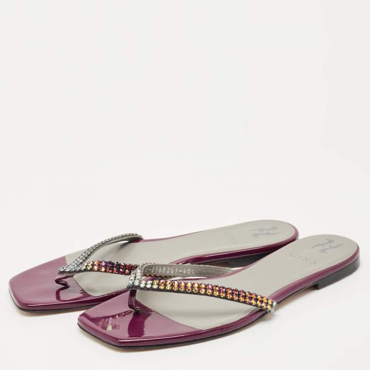 Pre Owned Gina Burgundy Leather Crystal Embellished Thong Flat Slides Size 40.5