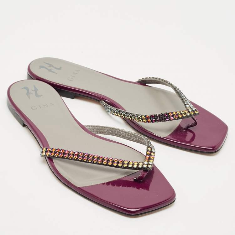 Pre Owned Gina Burgundy Leather Crystal Embellished Thong Flat Slides Size 40.5