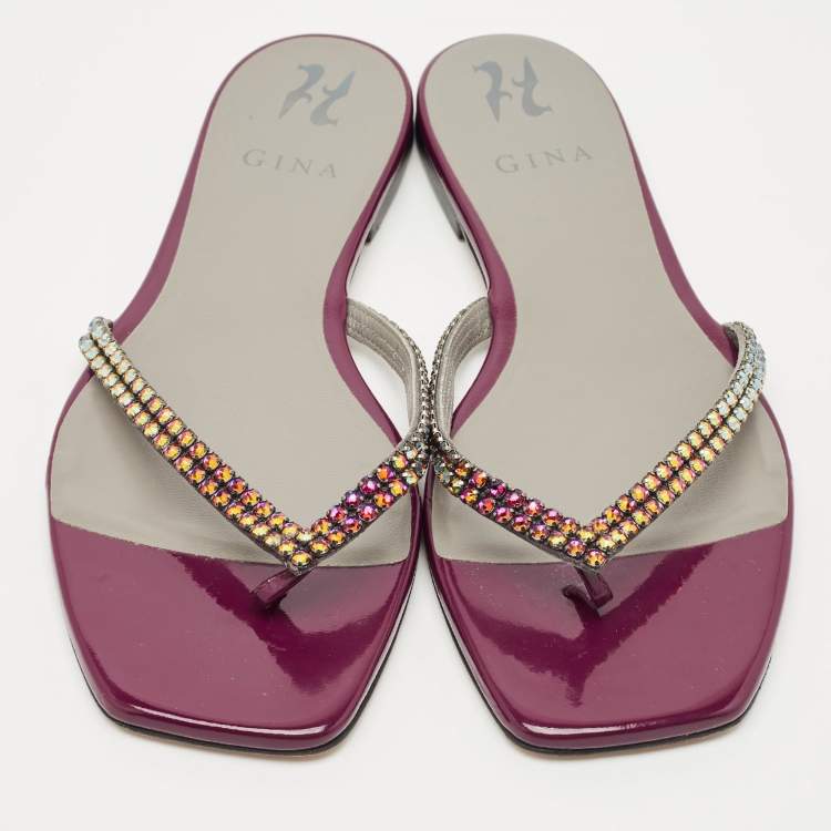Pre Owned Gina Burgundy Leather Crystal Embellished Thong Flat Slides Size 40.5