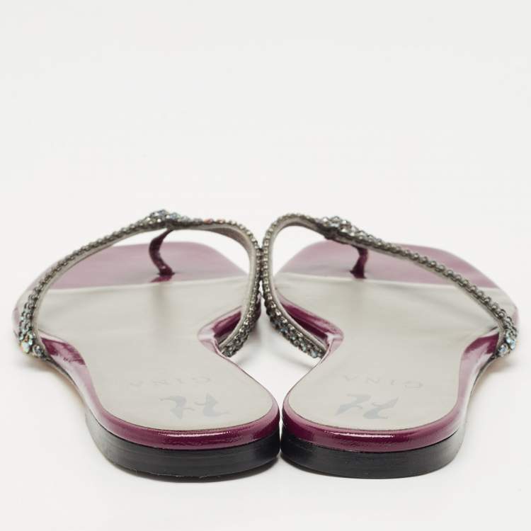 Pre Owned Gina Burgundy Leather Crystal Embellished Thong Flat Slides Size 40.5