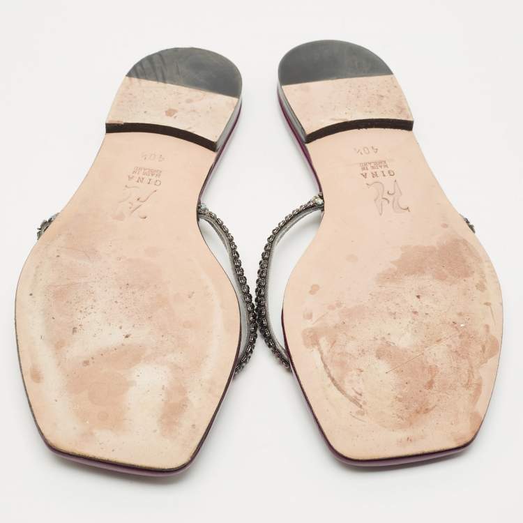 Pre Owned Gina Burgundy Leather Crystal Embellished Thong Flat Slides Size 40.5