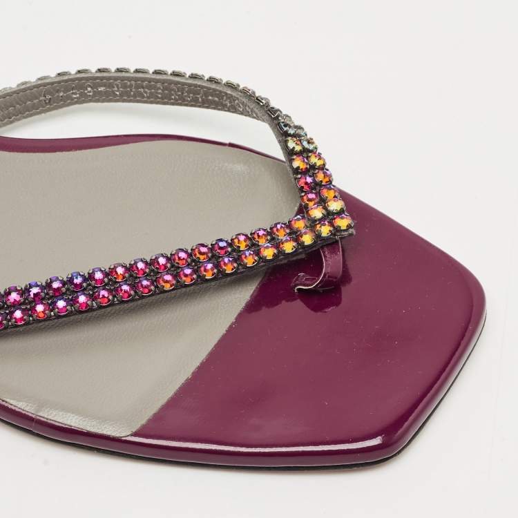 Pre Owned Gina Burgundy Leather Crystal Embellished Thong Flat Slides Size 40.5