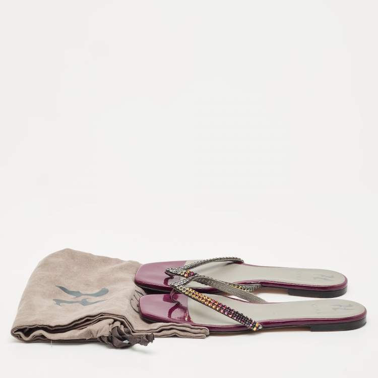 Pre Owned Gina Burgundy Leather Crystal Embellished Thong Flat Slides Size 40.5