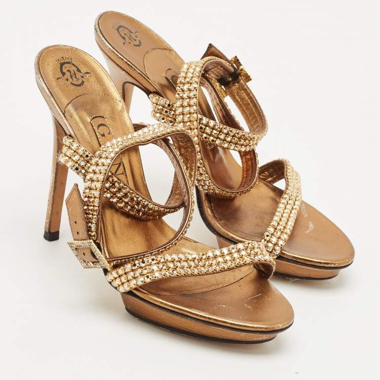 Pre Owned Gina Gold Leather Crystal Embellished Ankle Strap Sandals Size 38
