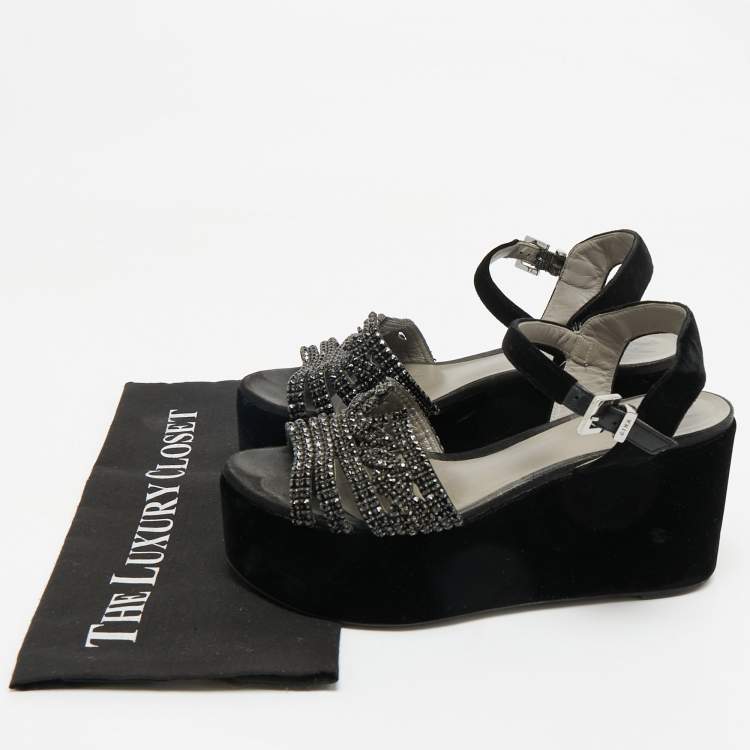 Pre Owned Gina Black Velvet Crystal Embellished Wedge Platform Ankle-Strap Sandals Size 38.5