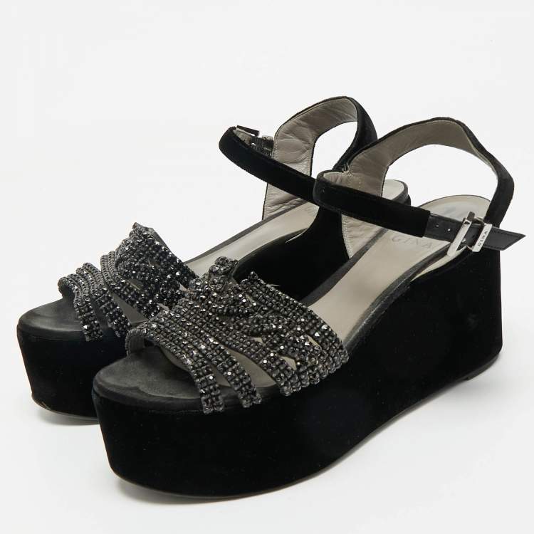 Pre Owned Gina Black Velvet Crystal Embellished Wedge Platform Ankle-Strap Sandals Size 38.5