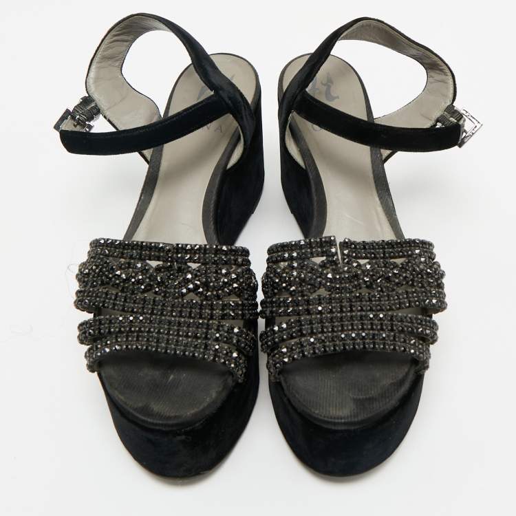 Pre Owned Gina Black Velvet Crystal Embellished Wedge Platform Ankle-Strap Sandals Size 38.5