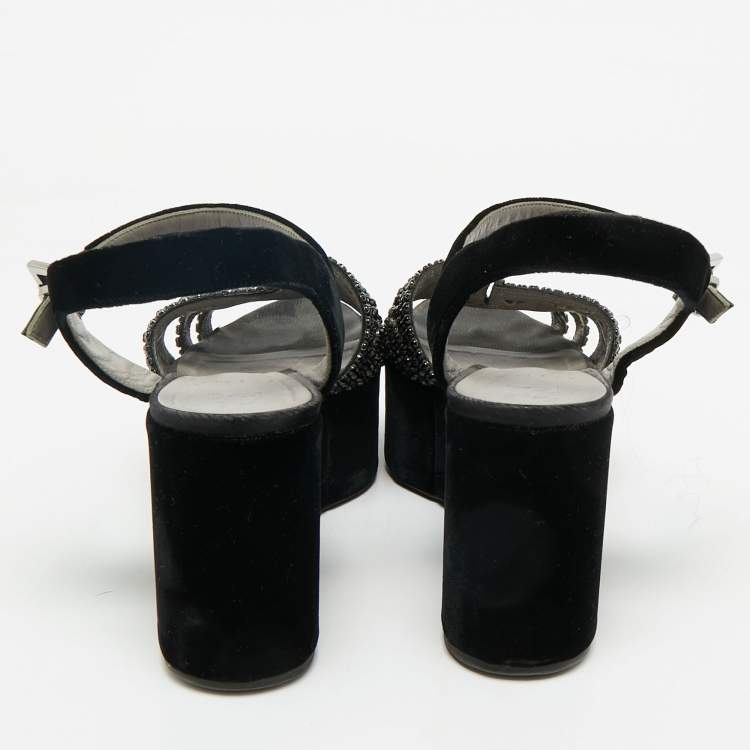 Pre Owned Gina Black Velvet Crystal Embellished Wedge Platform Ankle-Strap Sandals Size 38.5