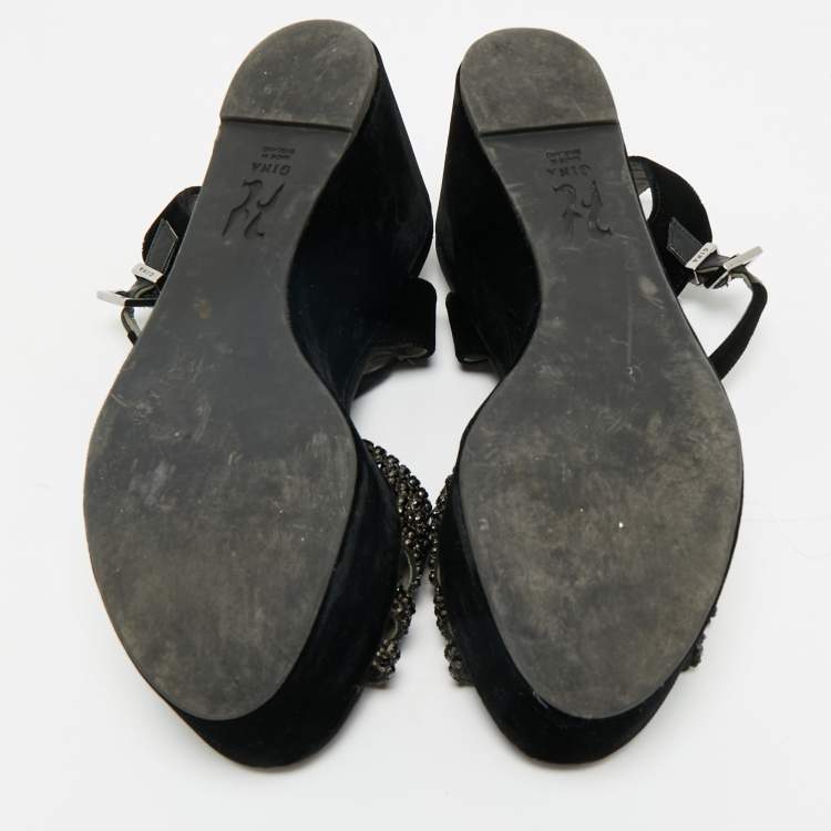 Pre Owned Gina Black Velvet Crystal Embellished Wedge Platform Ankle-Strap Sandals Size 38.5
