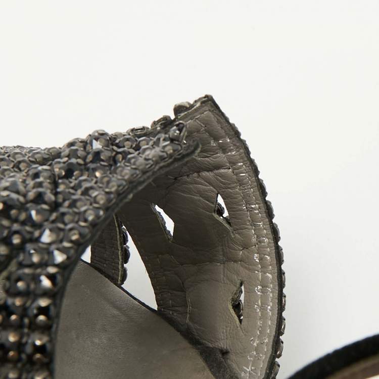 Pre Owned Gina Black Velvet Crystal Embellished Wedge Platform Ankle-Strap Sandals Size 38.5
