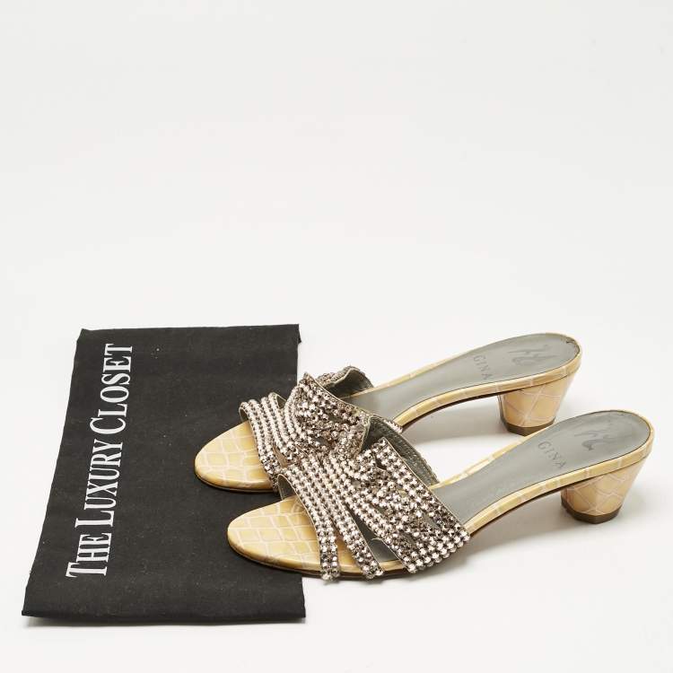 Pre Owned Gina Gold Croc Embossed Patent Leather and Leather Vida Crystals Slide Sandals Size 38.5