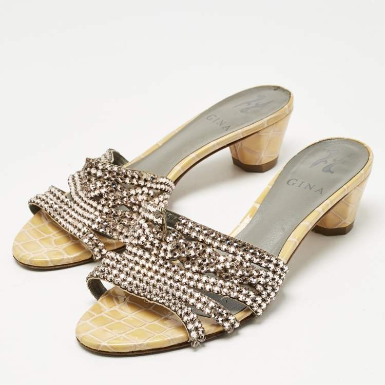 Pre Owned Gina Gold Croc Embossed Patent Leather and Leather Vida Crystals Slide Sandals Size 38.5