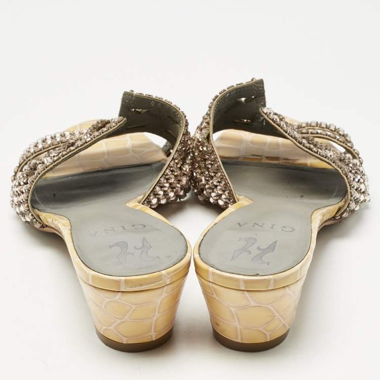 Pre Owned Gina Gold Croc Embossed Patent Leather and Leather Vida Crystals Slide Sandals Size 38.5
