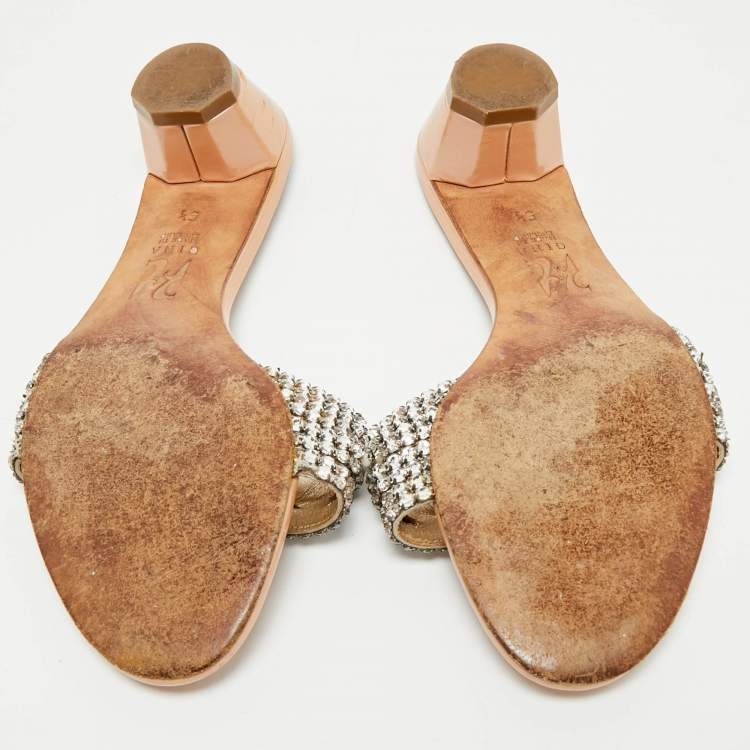 Pre Owned Gina Silver Patent Leather Crystal Embellished Slide Sandals Size 38.5