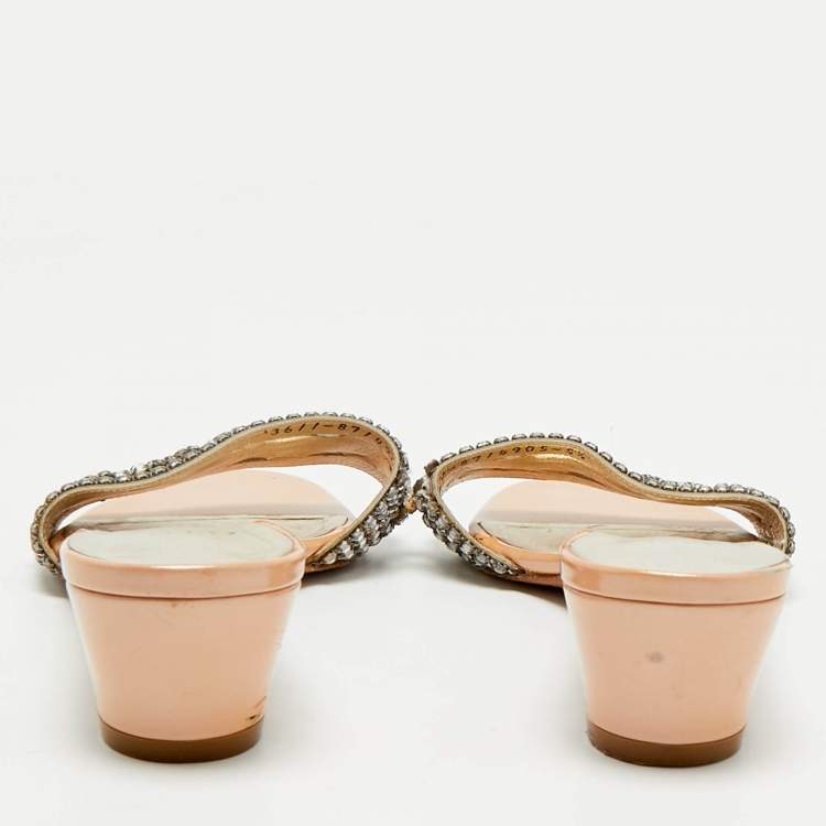 Pre Owned Gina Silver Patent Leather Crystal Embellished Slide Sandals Size 38.5